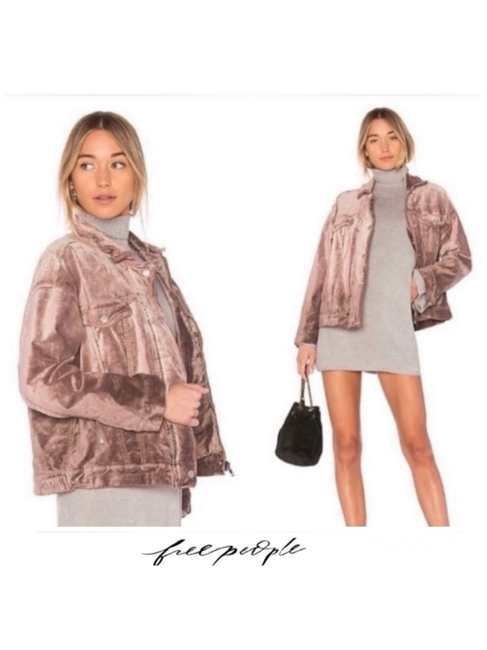 FREE PEOPLE Mauve Velvet Front Zipper Snap Long Sleeves Trucker Jacket Sz M/L